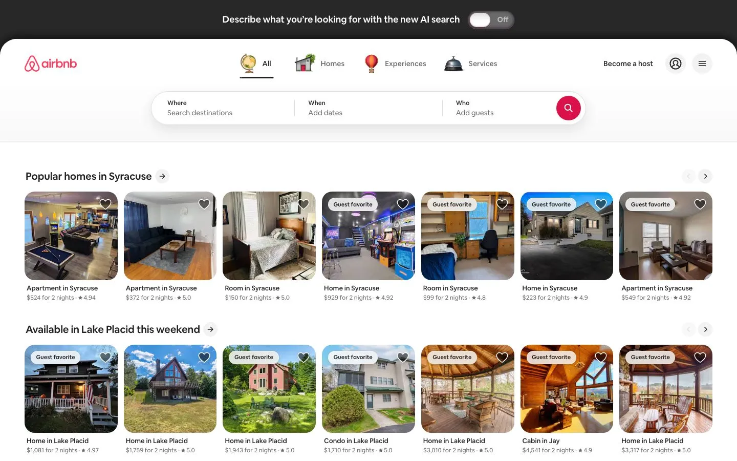 Airbnb homepage, captured 2026-10-05