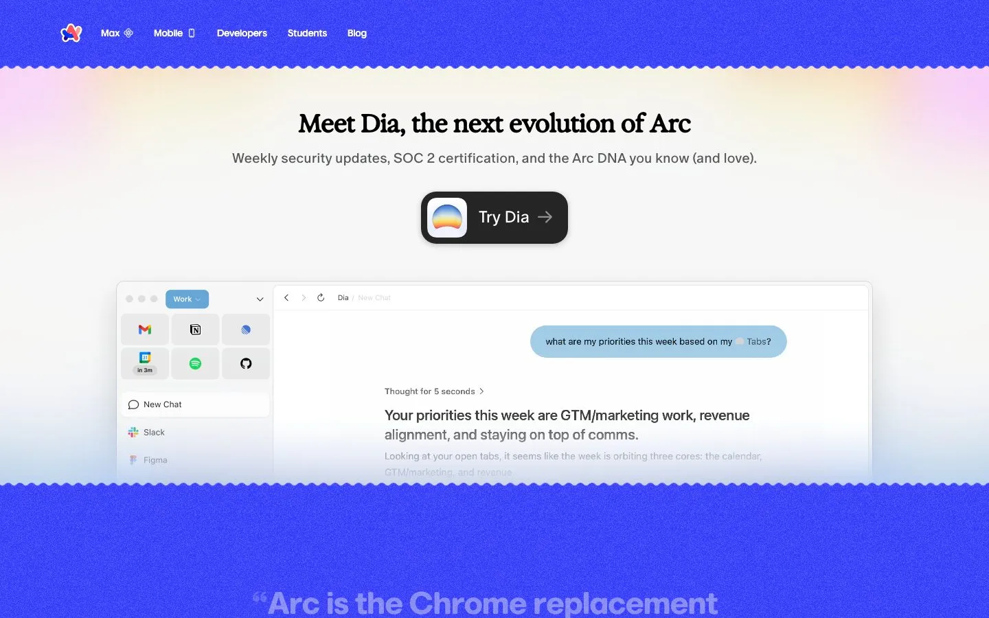 Arc homepage, captured 2026-10-05