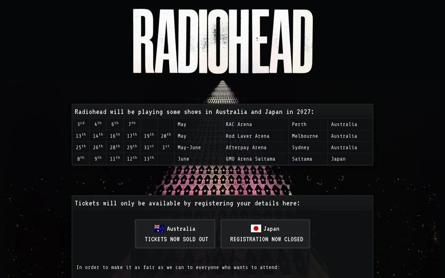 Radiohead homepage at 1440x900, captured 2026-10-05