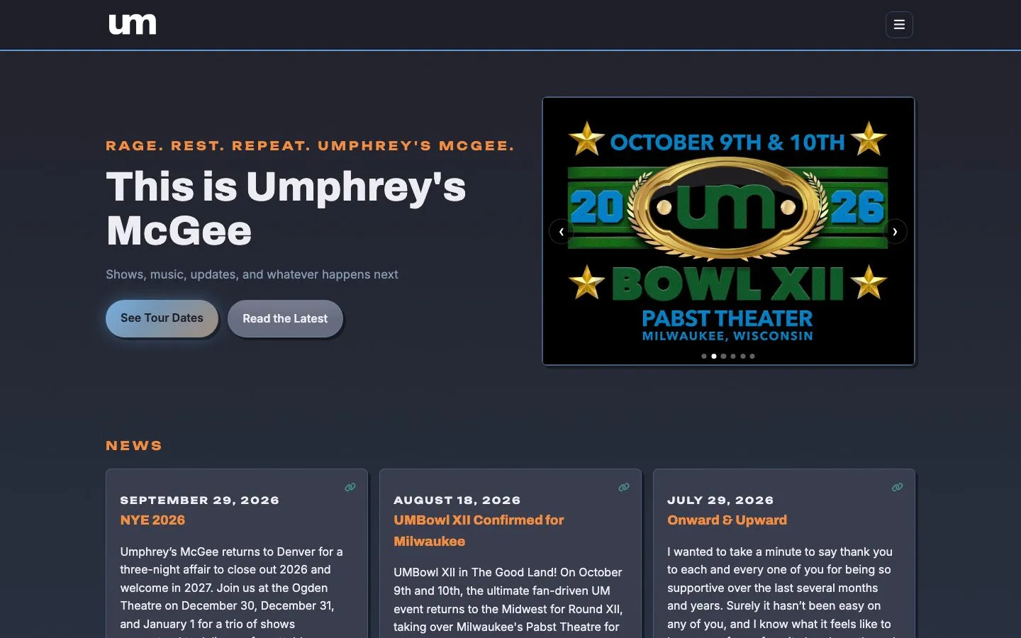 Umphrey's McGee homepage at 1440x900, captured 2026-10-05